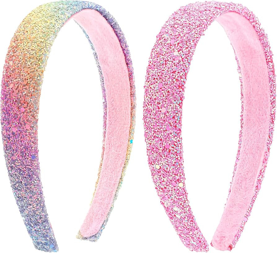 2 PCS Glitter Headbands for Girls, Cute Sparkly Wide Thick Head Bands Bling Non Slip Hairband Rai... | Amazon (US)
