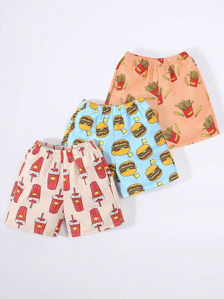 Young Boy 3pcs/Set Breathable And Comfortable Shorts Printed With Hamburgers, Cola, And Fries Pat... | SHEIN