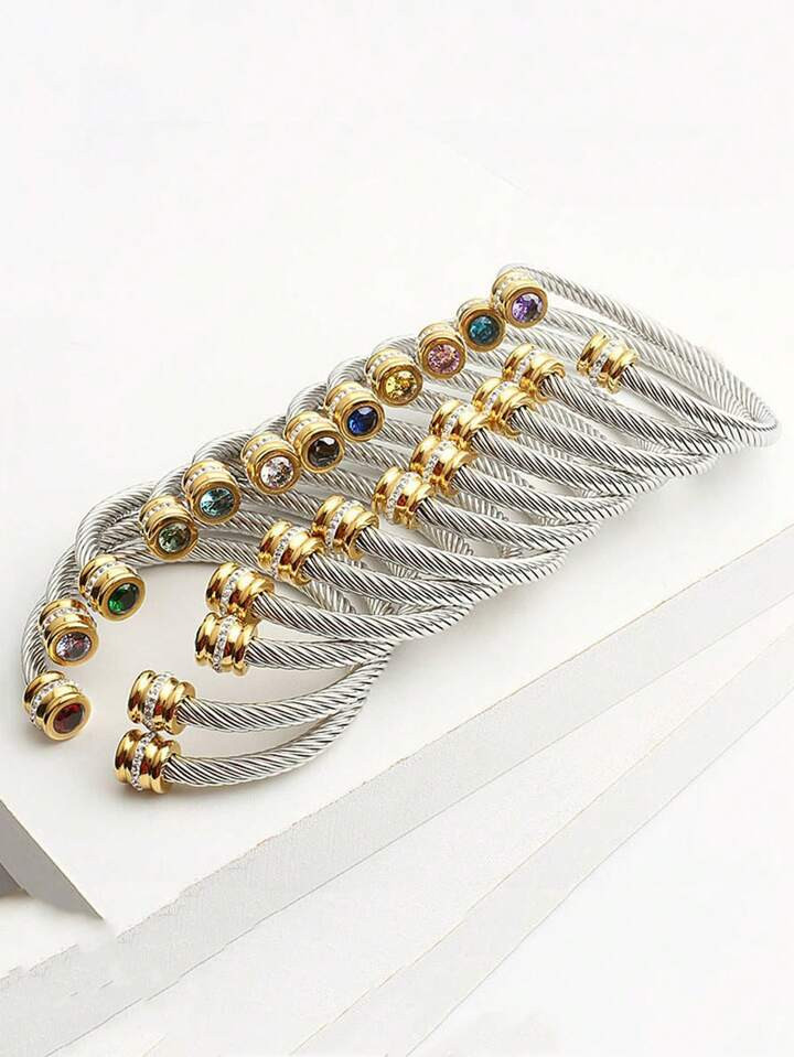 MECYLIFE 1 Piece Stainless Steel Cable Bracelet Two Color Twelve Birthstone Bracelet Suitable For... | SHEIN