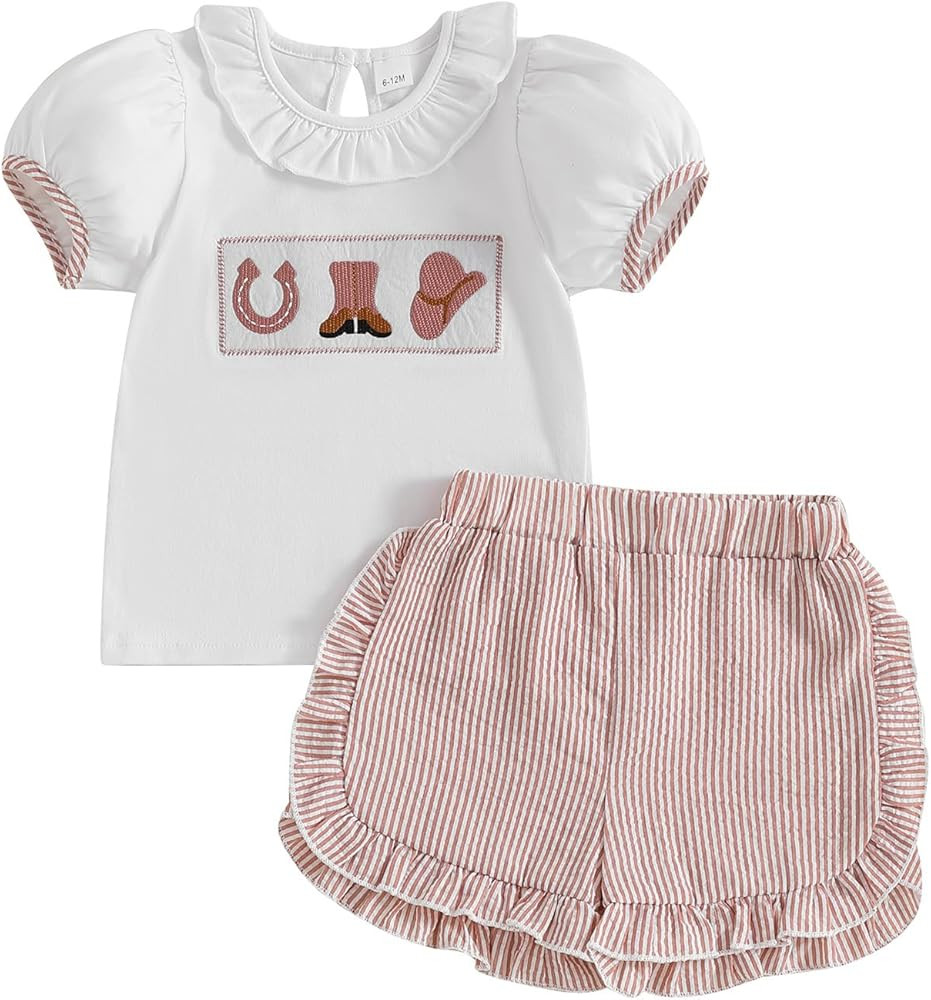 Toddler Baby Girl Western Outfit 2Pcs Summer Clothes Sets Embroidery Short Sleeve Ruffle Shirt an... | Amazon (US)
