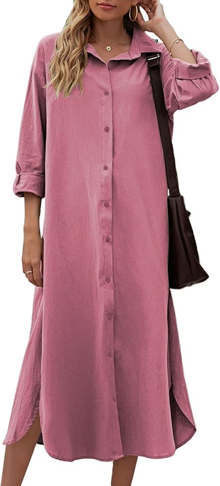 Sopliagon Women Cotton and Linen Shirt Dress Casual Loose Maxi Dresses | Amazon (US)