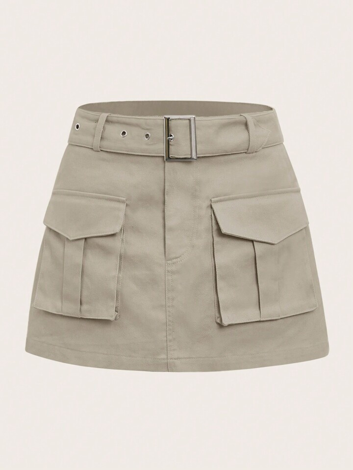 SHEIN EZwear Grunge Black  Flap Pocket Buckle Belted Cargo Skirt | SHEIN