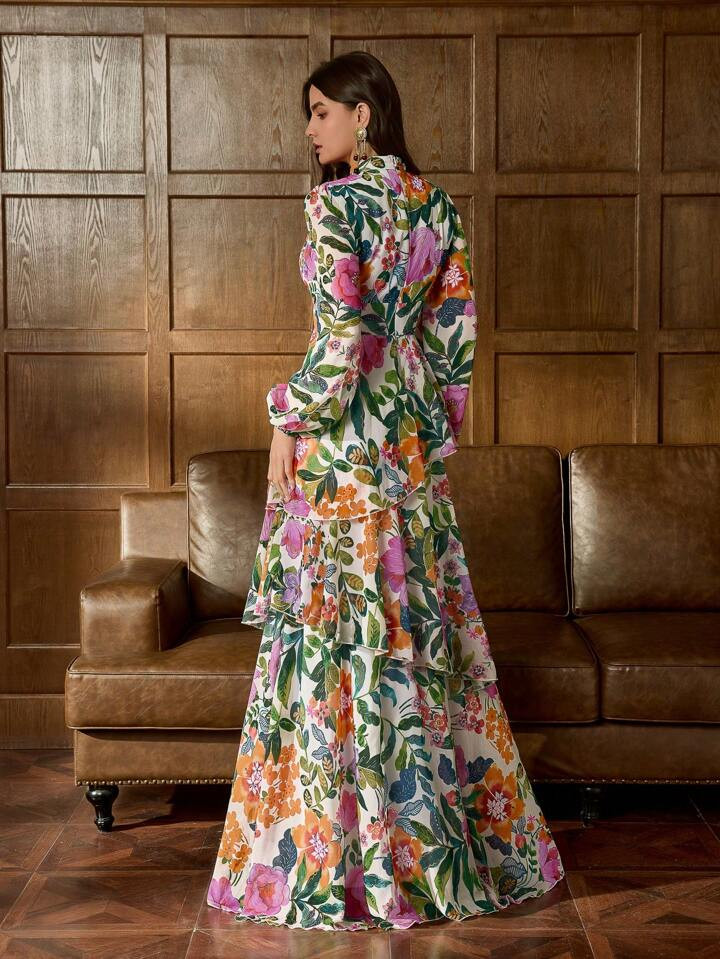 Elegant Vibrant Floral Print Maxi Gown With Fruit & Floral Motif - Lightweight Chiffon Fabric For... | SHEIN