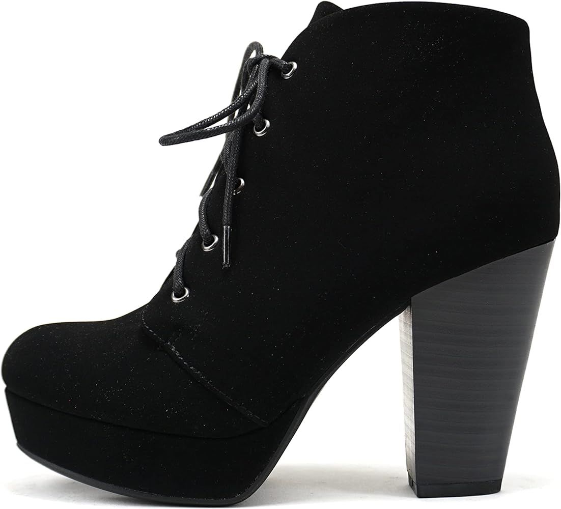 Soda AGENDA ~ Women Platform Round Toe High Block Heel Lace-up Fashion Ankle Boot w/Side Zipper | Amazon (US)