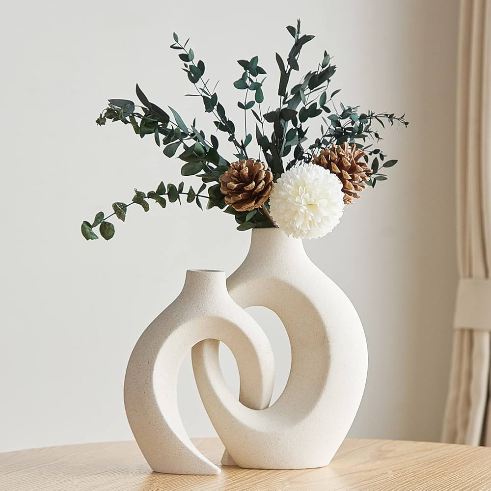 White Ceramic Vase Set of 2 for Modern Home Decor, Round Boho Donut Vase for Pampas Grass, Neutra... | Amazon (US)