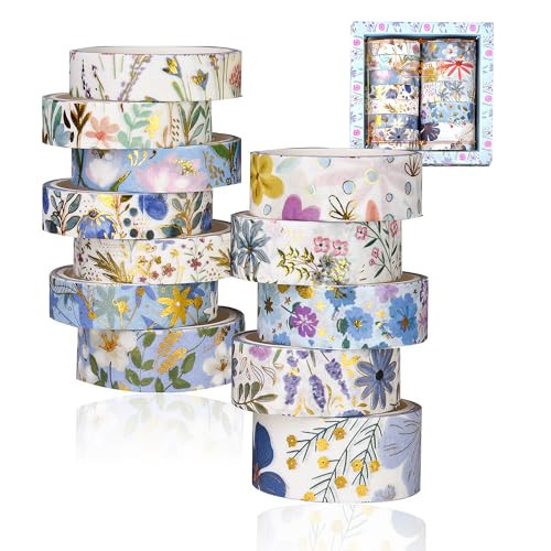 Sifaolp Washi Tape Set, Floral Washi Stickers, 12 Rolls Assorted Sizes, for Junk Journal Scrapbook Tape, Bullet Journaling Scrapbooking Supplies, Planner Sticker DIY Craft DéCor (Blue) | Amazon (US)