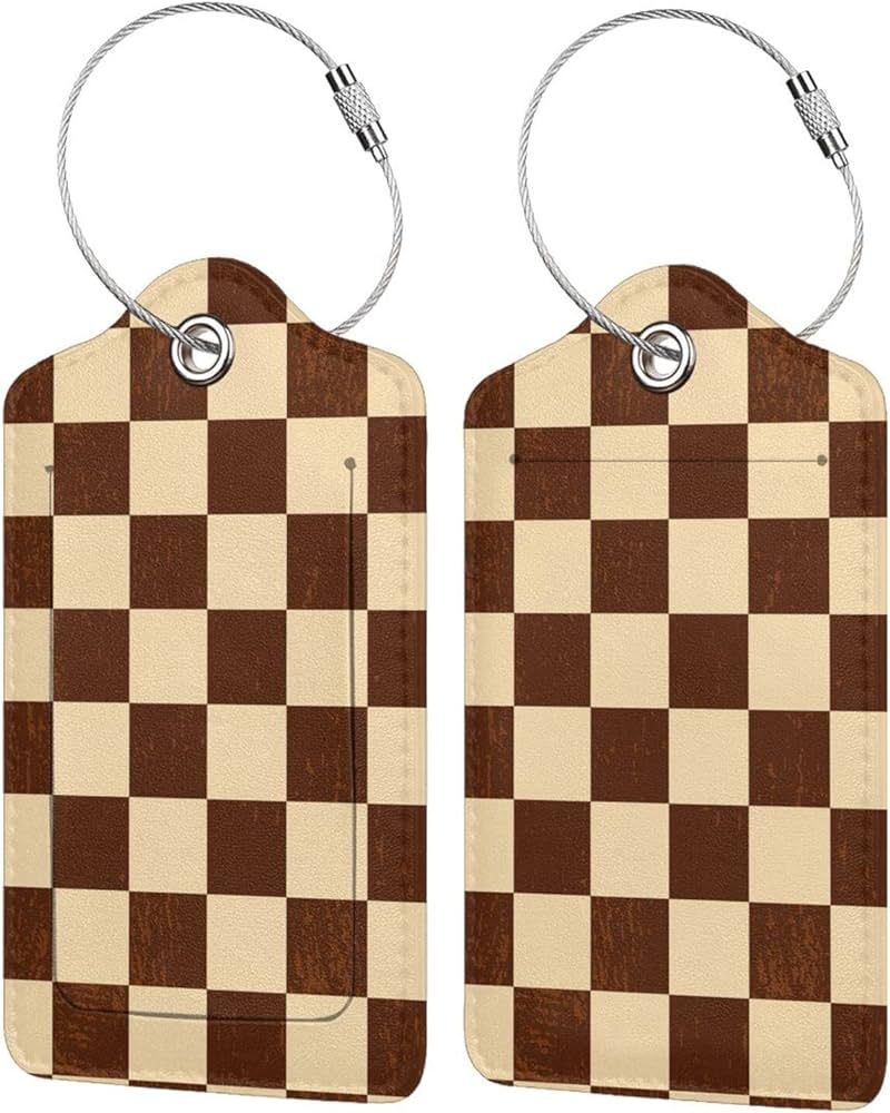 2PCS Brown Beige Checkered Luggage Tag for Suitcases Leather Travel Cruise Luggage Tags with Stai... | Amazon (US)