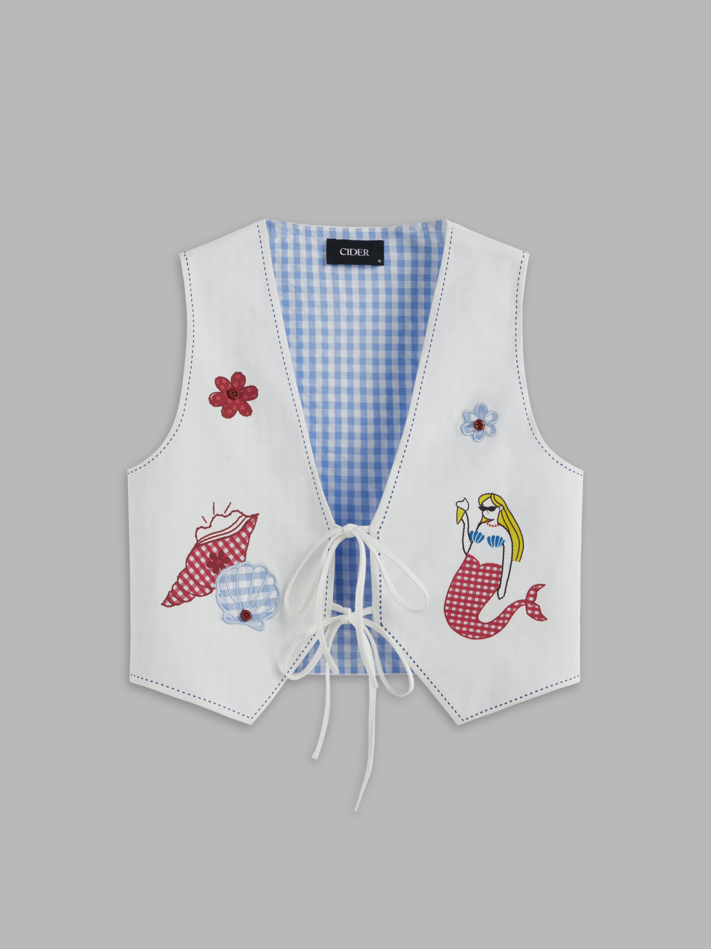 Reversible Gingham Shell & Mermaid Graphic Knotted Vest For Daily Casual | Cider