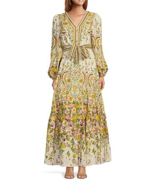 Floral Print Surplice V-Neck Long Bubble Sleeve Wrap Above the Knee A-Line Dress | Dillard's