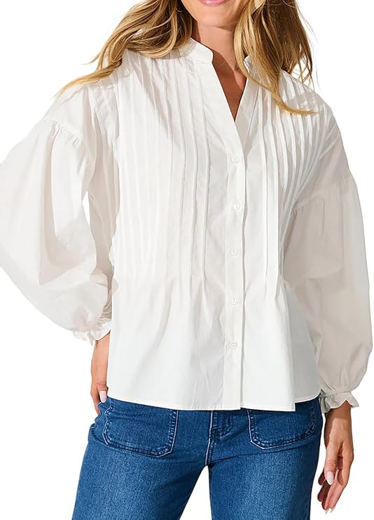 Women's Button Down Shirts Mandarin Collar V Neck Long Sleeve Blouse Pleated Shirt | Amazon (US)