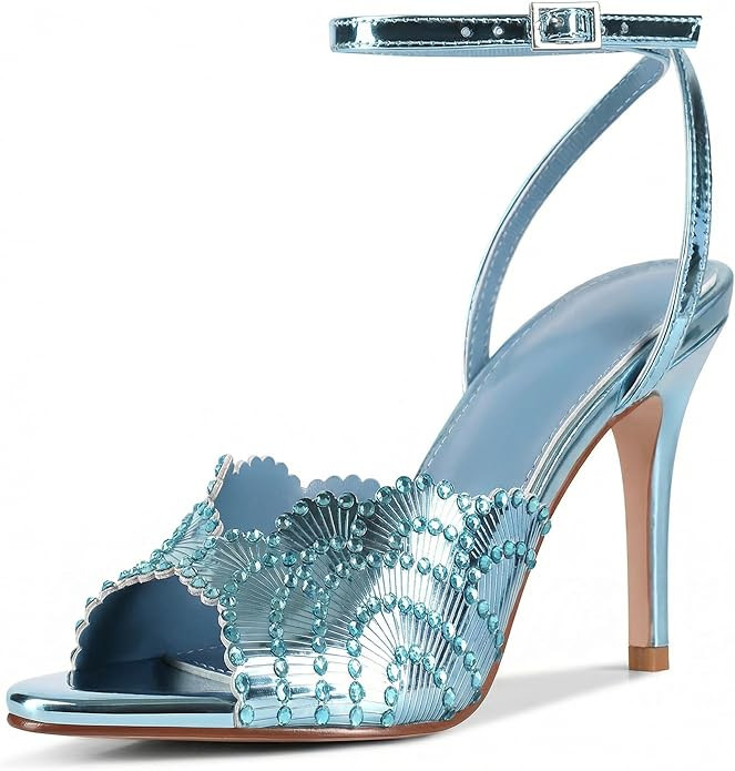 UJPFEO Rhinestone High Heel Sandals for Women Round Open Toe High Heels Stilettos Strap Ankle Spa... | Amazon (US)