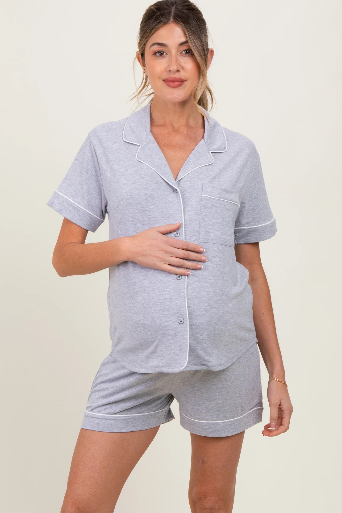 Light Olive Short Sleeve Button Down Shirt Shorts Maternity Set | PinkBlush Maternity