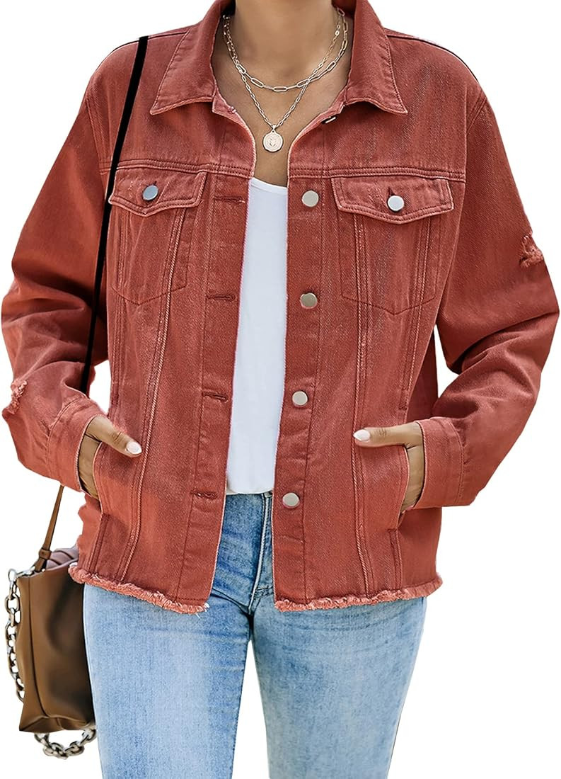 LONGBIDA Women's Jean Jacket Frayed Washed Button Up Cropped Denim Jacket With Pockets | Amazon (US)