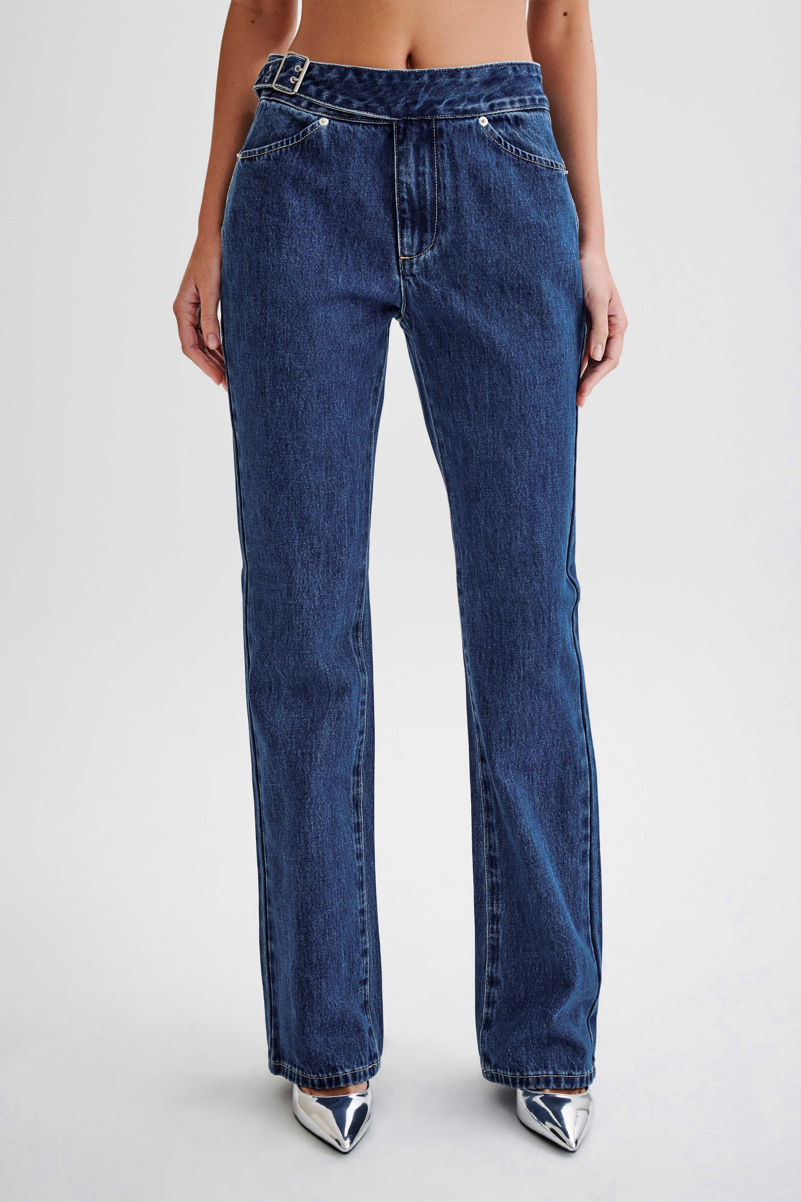 Low Rise Buckle Denim Jean - Dark Blue | MESHKI US