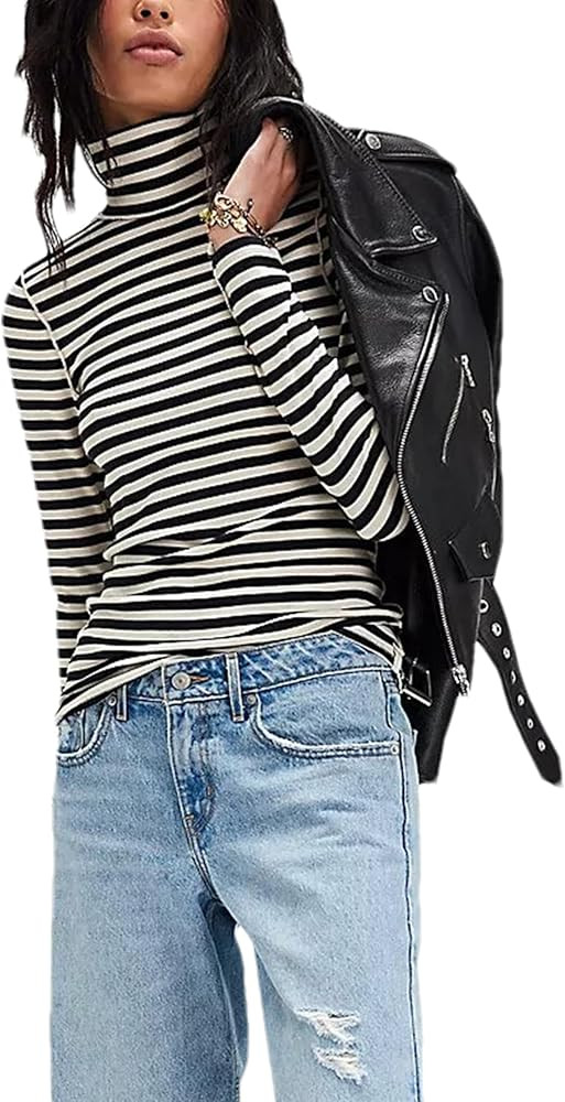 Womens Turtleneck Long Sleeve Shirt Slim Fit Stretch Striped Blouses Basic Tops Outfits 2024 | Amazon (US)