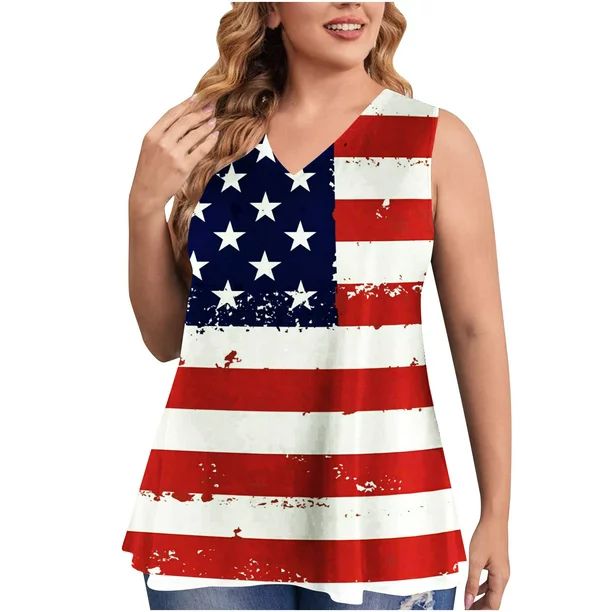 4th of July Clothes for Women Plus Size Tanks Tops V Neck Loose Sleeveless T Shirts Fashion Ladie... | Walmart (US)