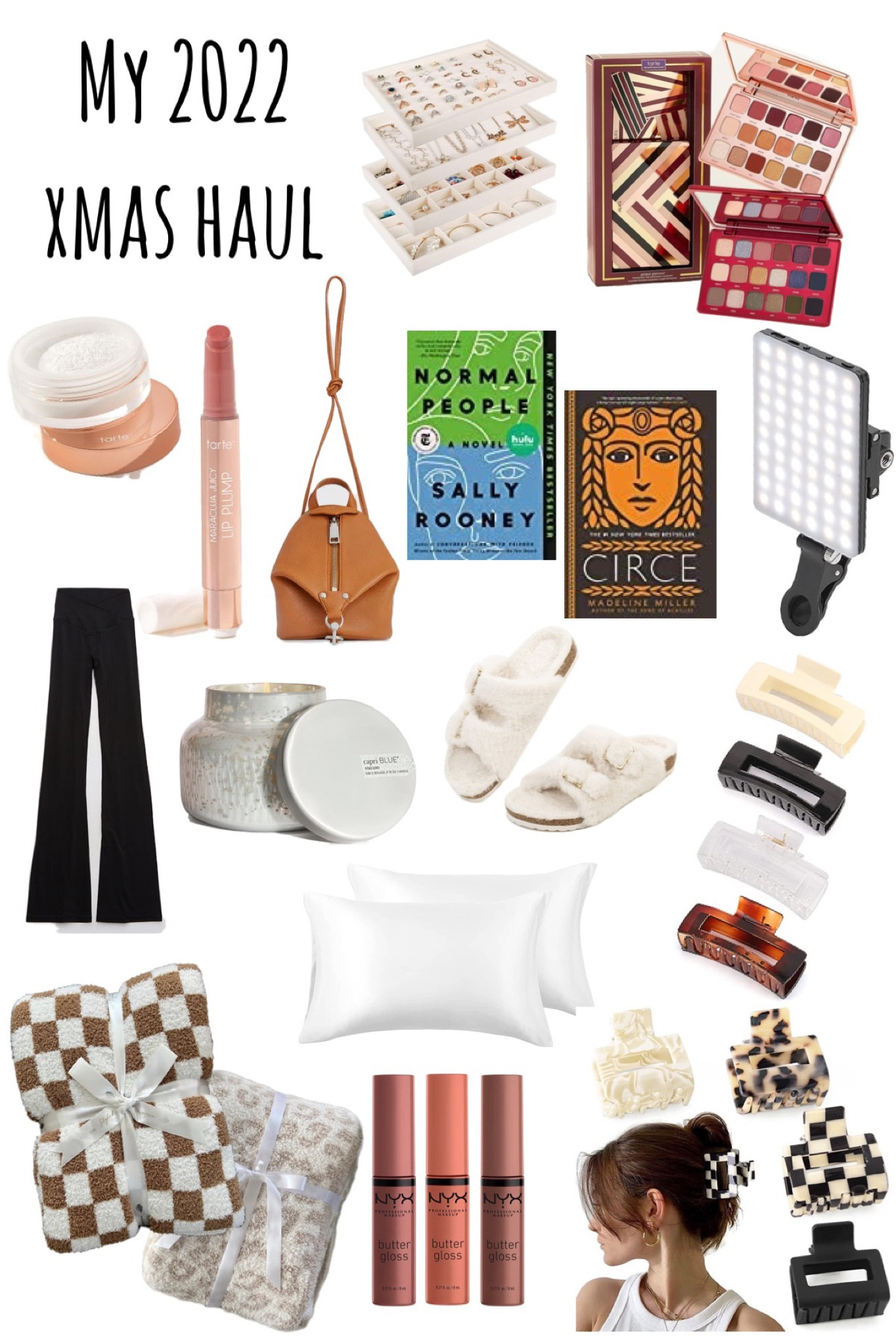 What I got for Christmas 
Gift Haul
-
Styled Collection Sweet Dreams Blanket 
Fur Slippers
Volcano Candle 
Aerie Crossover Flare Leggings 
Normal People by Sally Rooney 
Silk Pillowcases
Rebecca Minkoff Mini Julian Backpack 
NYX Butter Lip Gloss 
Clip Video Light
Claw Hair Clips 
Tarte Gilded Glamour Eyeshadow Set
Tarte Smooth Operator Finishing Powder
Tarte Maracuja Lip Plump in Primrose 
Jewelry Storage Trays
Circe by Madeline Miller




#LTKbeauty #LTKsalealert #LTKGiftGuide