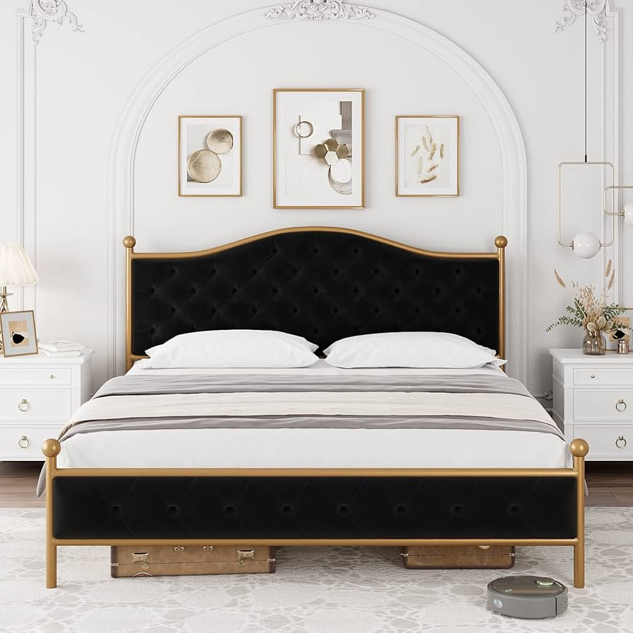 HIFIT King Size Platform Bed Frame with Elegant Button Tufted Curved Headboard, Velvet Upholstere... | Amazon (US)