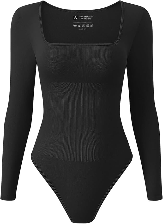 TDIFFUN Womens Long Sleeve Bodysuits Shapewear Sexy Ribbed Square Neck Tops Tummy Control Body Sh... | Amazon (US)
