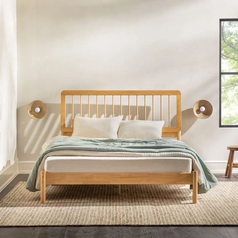 Walker Edison Mid-Century Modern Slatted Solid Wood Queen Bedframe, Natural Pine | Walmart (US)