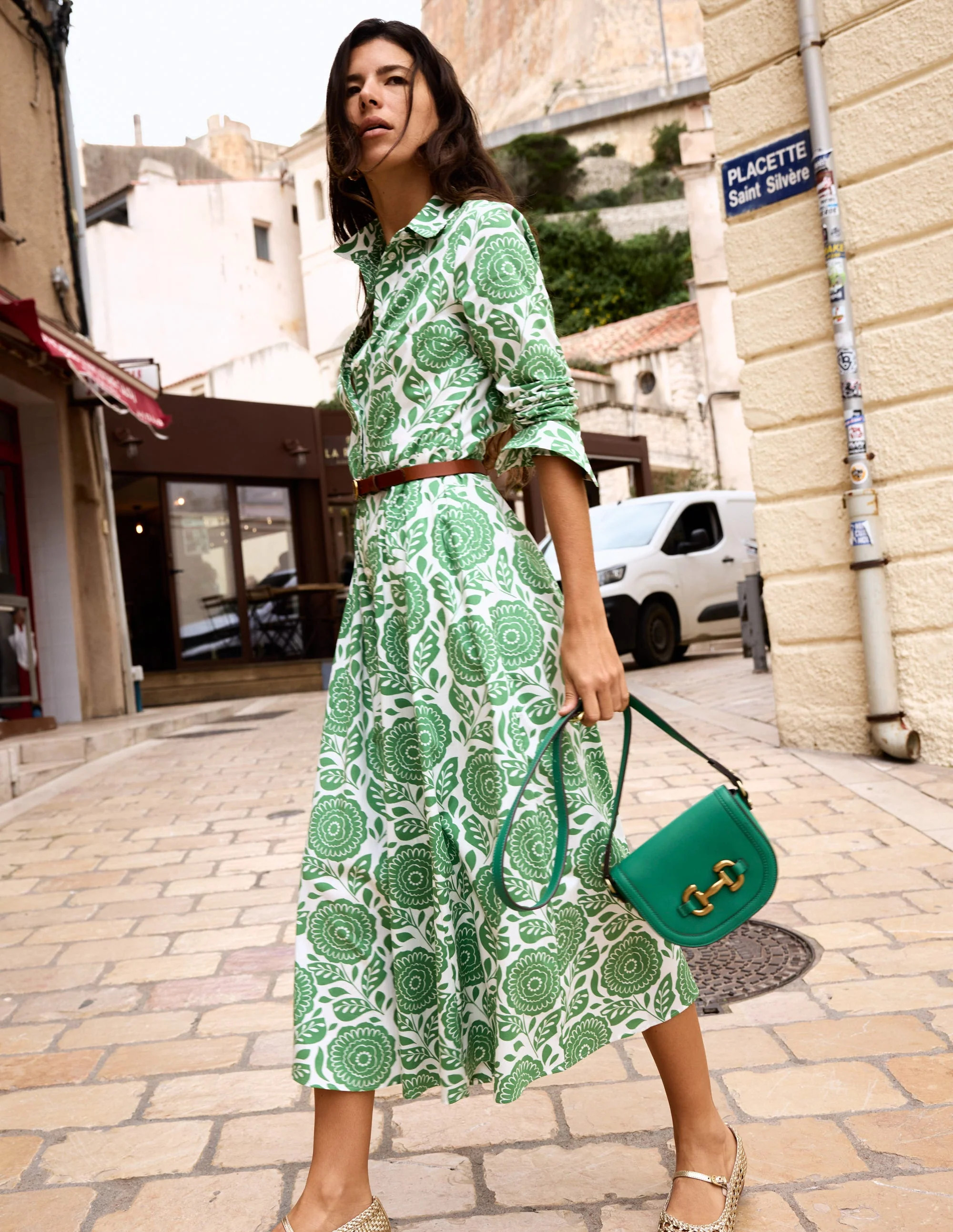 Amy Cotton Midi Shirt Dress-Paradise Green, Dahlia Stamp | Boden (US)