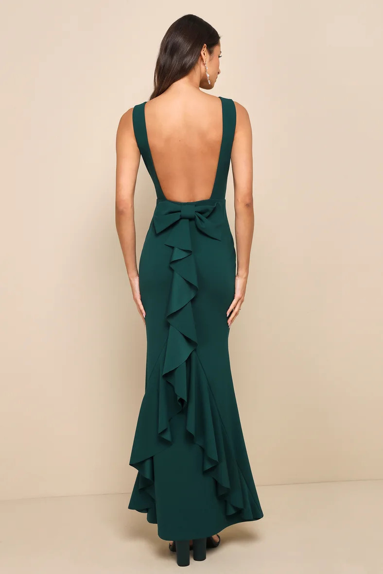 Exquisite Refinement Emerald Backless Bow Ruffled Maxi Dress | Lulus
