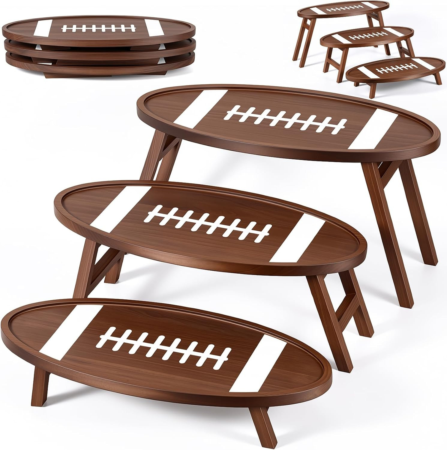 3 Pack Football Foldable Wooden Serving Trays, Nesting Snack Display Risers for Game Day Party, 16.9"x7.8" Tiered Trays for Chips, Wings, Dips and Living Room Decoration | Amazon (US)