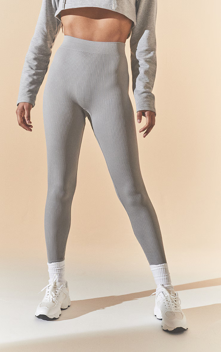 Basic Grey Marl Structured Contour Rib Leggings | PrettyLittleThing UK