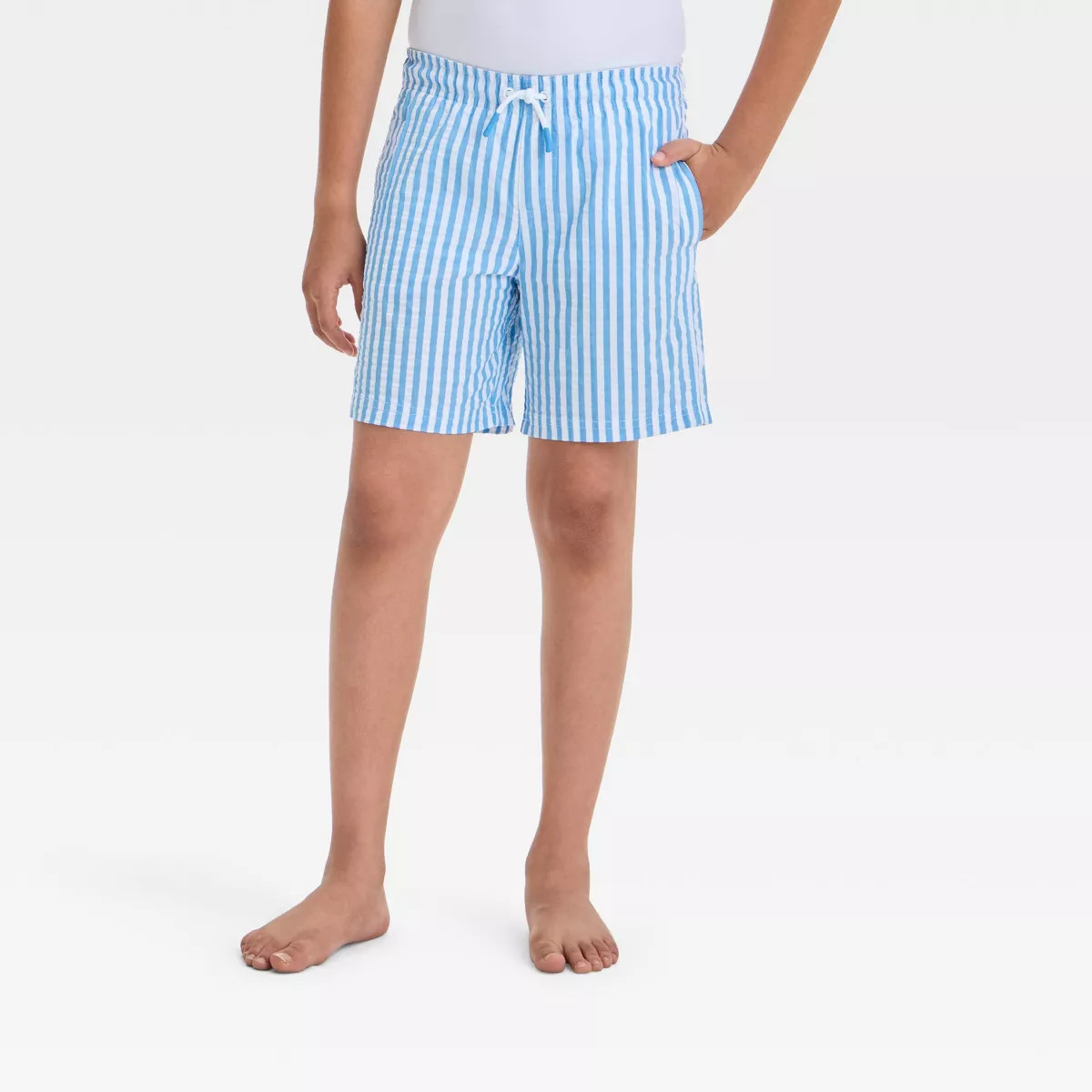 Boys' Striped Seersucker Swim Shorts - Cat & Jack™ Blue S: Elastic Waist, Built-in Brief, Draws... | Target
