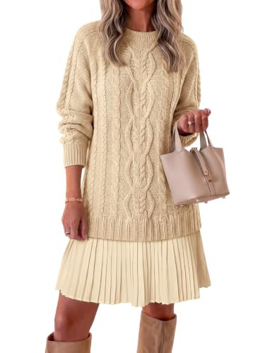 Saodimallsu Womens Cable Knit Sweater Dress Patchwork Pleated Long Sleeve Crewneck Fall Chunky Preppy Mini Dresses Khaki | Amazon (US)
