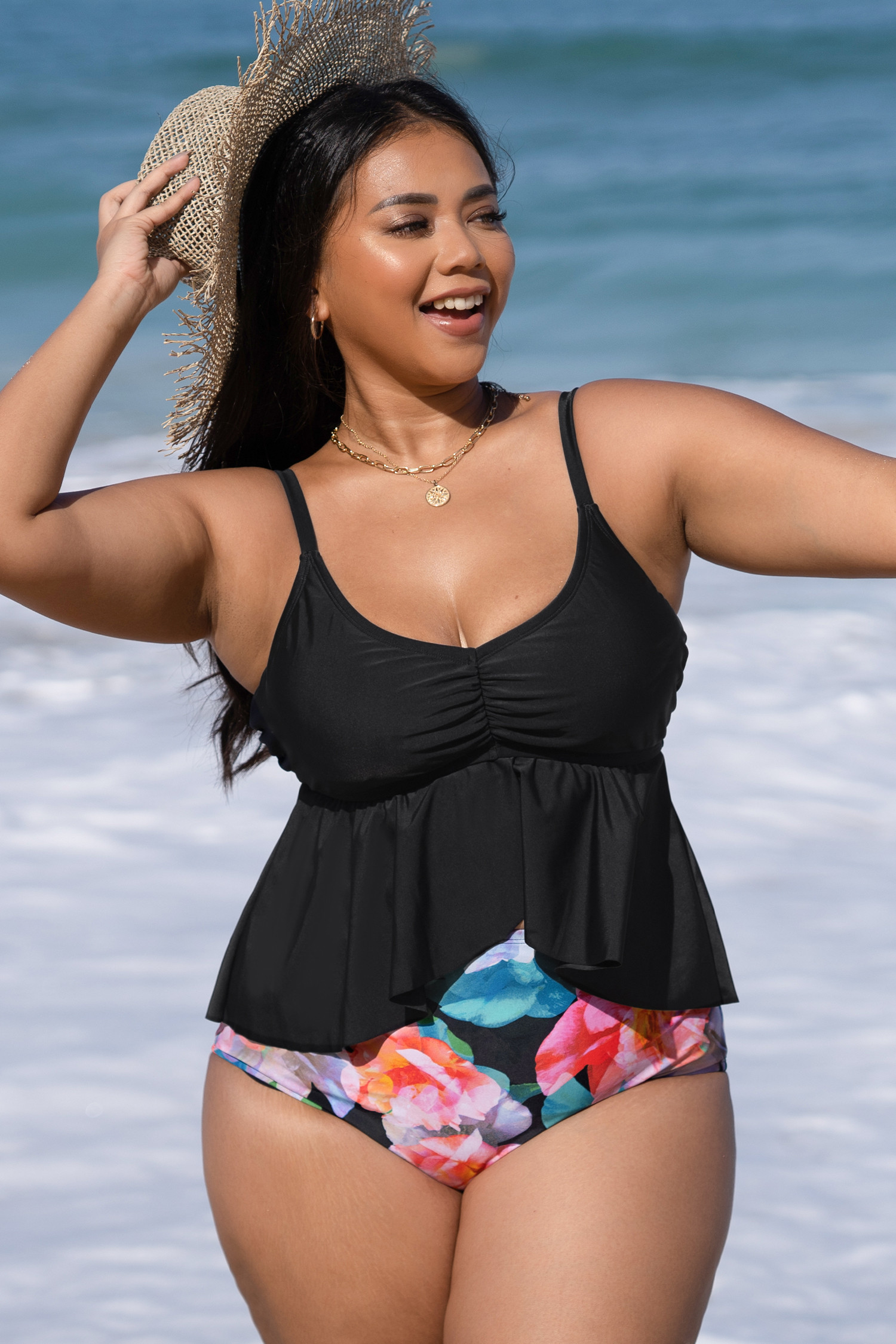 Realistic Brights Flutter Top & High Waist Plus Size Tankini Set | Cupshe US