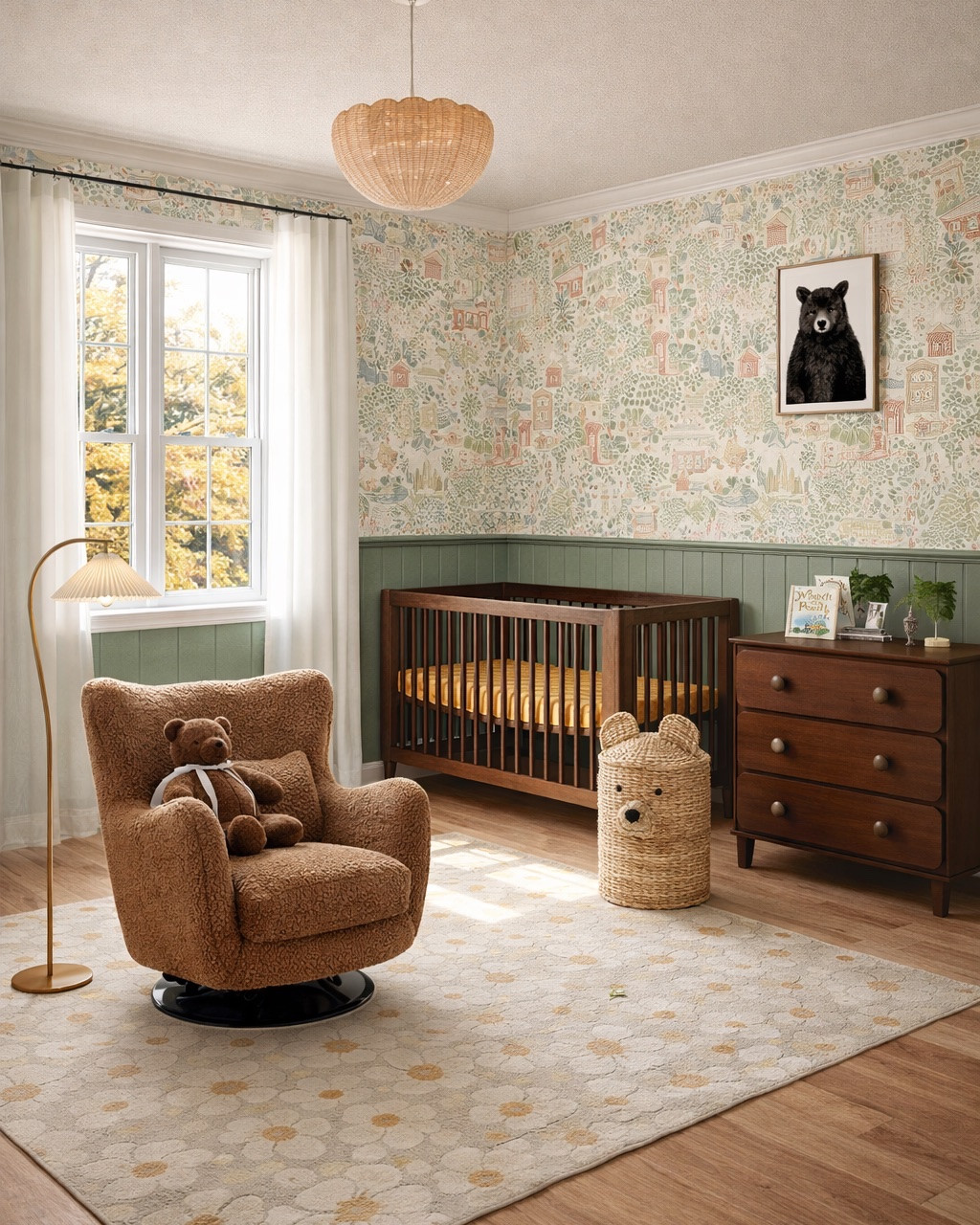 Adorable Winnie the Pooh nursery design/mood board. I love the whimsical wallpaper and the gorgeous glider. The crib is from Crate & Barrel. Floral and neutral rug. Art from Minted. #homedecor #nursery

#LTKBump #LTKBaby #LTKHome