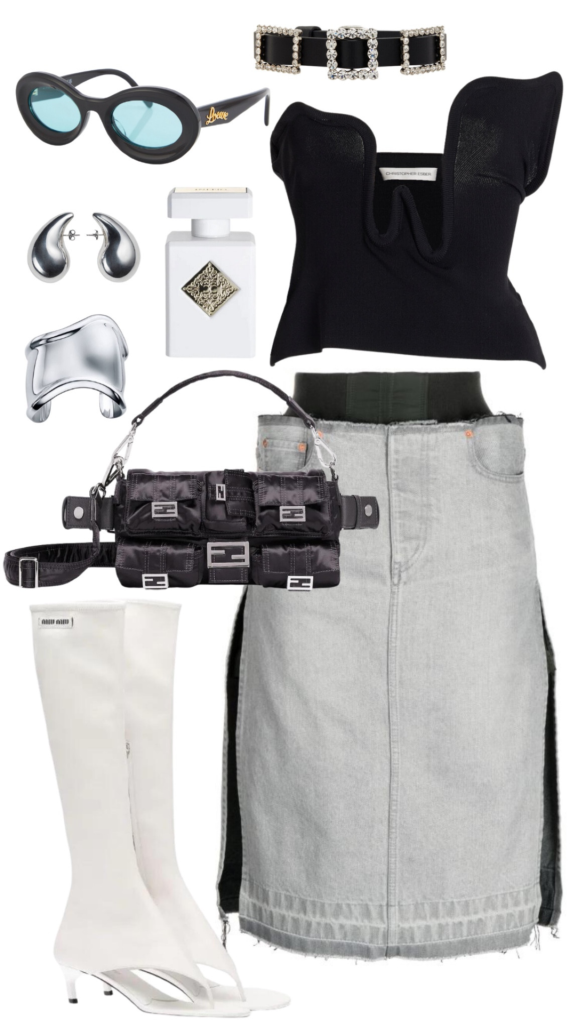 christopher esber top 
sacai skirt 
fendi cargo baguette bag 
miu miu thong boots 
loewe sunglasses 
alessandra rich necklace 
bottega veneta earrings 
tiffany + co elsa peretti bone cuff
initio musk therapy

#LTKstyletip #LTKFind #LTKSeasonal