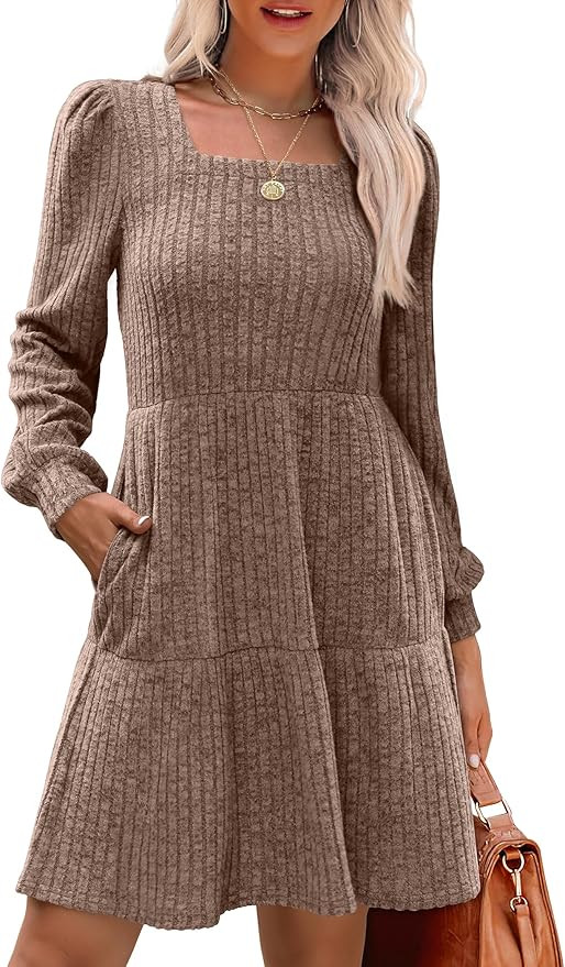 SAMPEEL Womens Square Neck Long Sleeve Fall Dresses Casual Babydoll Sweater Dress | Amazon (US)