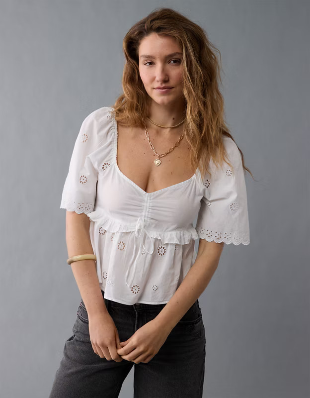 AE Flutter Sleeve Eyelet Babydoll Blouse | American Eagle Outfitters (US & CA)