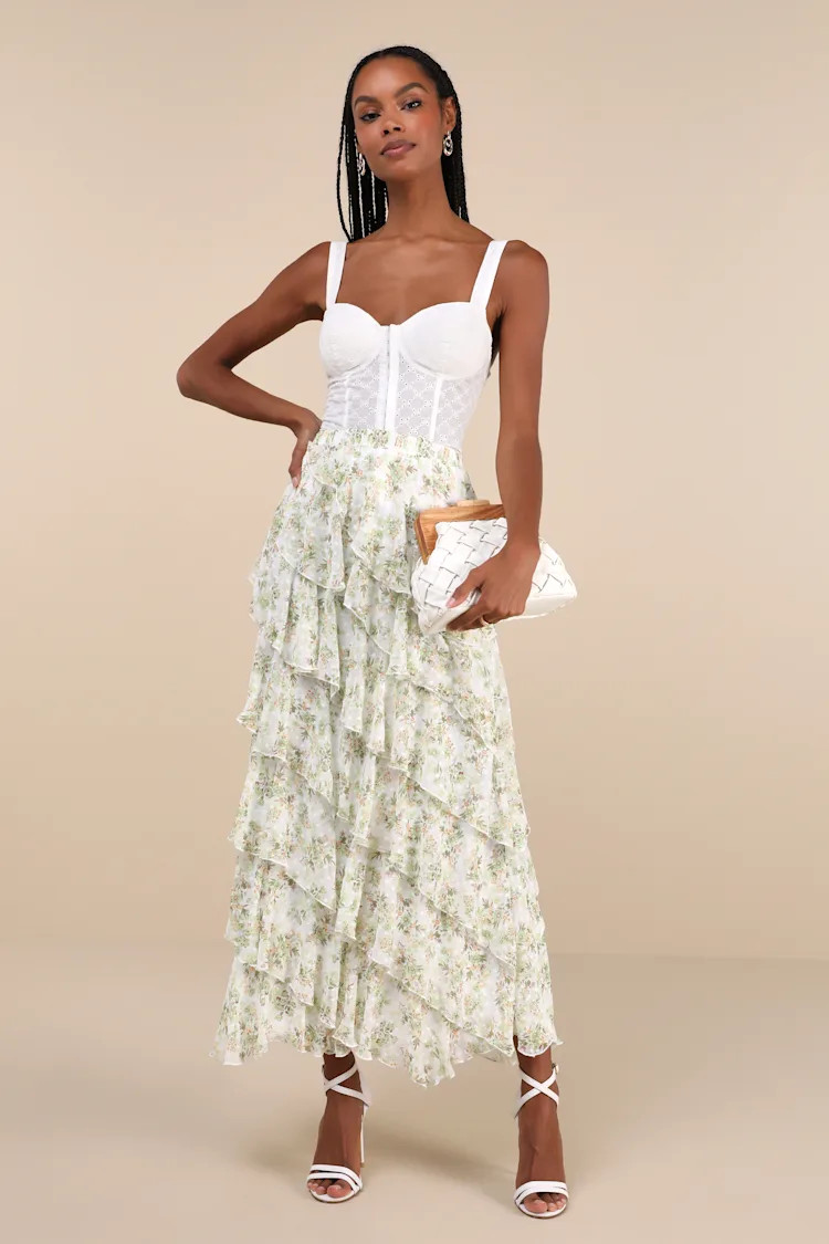Feeling Flouncy Ivory Floral Print Tiered Ruffle Midi Skirt | Lulus