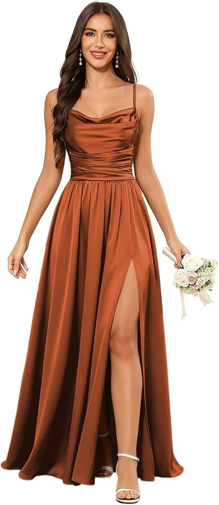 Long Satin Bridesmaid Dresses for Women Spaghetti Strap Corset Formal Evening Gowns | Amazon (US)