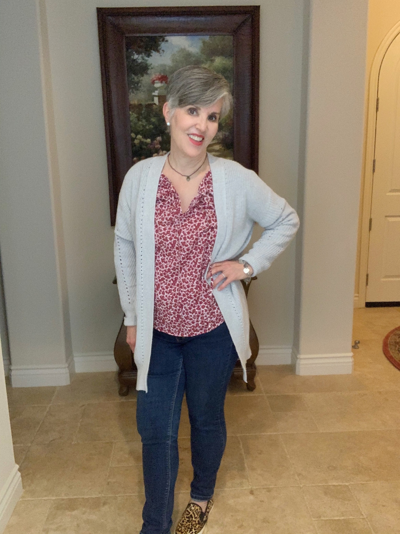 Dr. Scholl Leopard sneakers (8)/gray cardigan (s)/Ab Solution Wit and Wisdom skinny jeans (6)/Ebel watch/ dark floral top(s)

#LTKunder100 #LTKSeasonal #LTKunder50