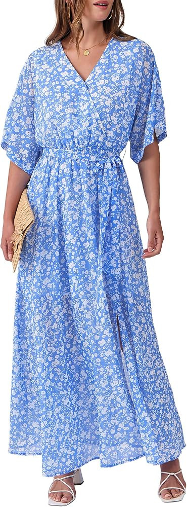 ANRABESS Womens 1/2 Sleeve Beach Wedding Guest Maxi Dresses 2026 Summer Wrap V Neck Boho Floral F... | Amazon (US)