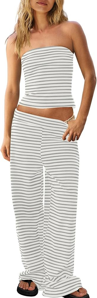 Panadila Womens Striped Two Piece Sets Summer Lounge Outfits Sailor Tube Top and Pants Matching S... | Amazon (US)