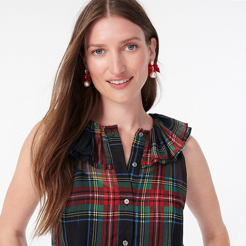 Sleeveless ruffle-collar top in black Stewart tartan | J.Crew US