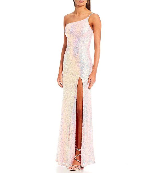 One-Shoulder Sequin Side Slit Long Dress | Dillard's