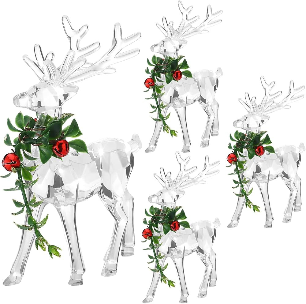 4 Set Acrylic Christmas Reindeer Ornaments Clear Mistletoe Reindeer Figurine Deer Decor with Gree... | Amazon (US)
