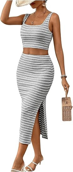 SOLY HUX Women's Striped Two Piece Set Summer Crop Tank Top and Midi Skirts Beach Vacation Outfit... | Amazon (US)