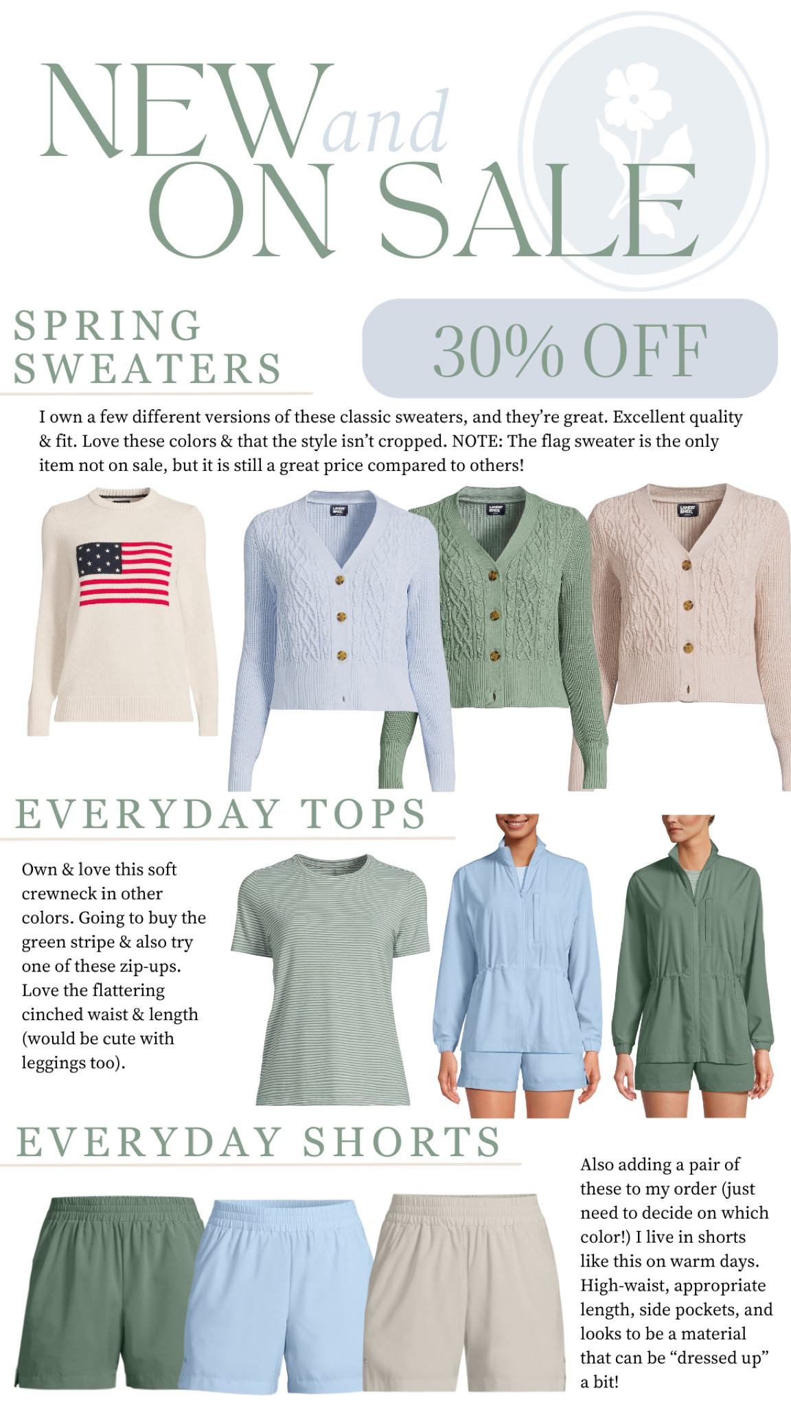 30% off with code SHORE. These spring new arrivals are such classics, and such a great price! I own and love the cable knit sweaters and the crewneck tee (in different colors). I plan to order some new colors today, as well as the cinched waist jacket and everyday shorts.

Sizing: I find this brand fits TTS, but if between sizes you can usually size down. In the sweaters I wear a size XS and in the tee I wear a S (I like these to be looser).

Lands’ End, classic style, preppy, affordable style, sale alert, flag sweater, Americana, Memorial Day weekend, timeless, discount code 

#LTKSeasonal #LTKfindsunder50 #LTKsalealert