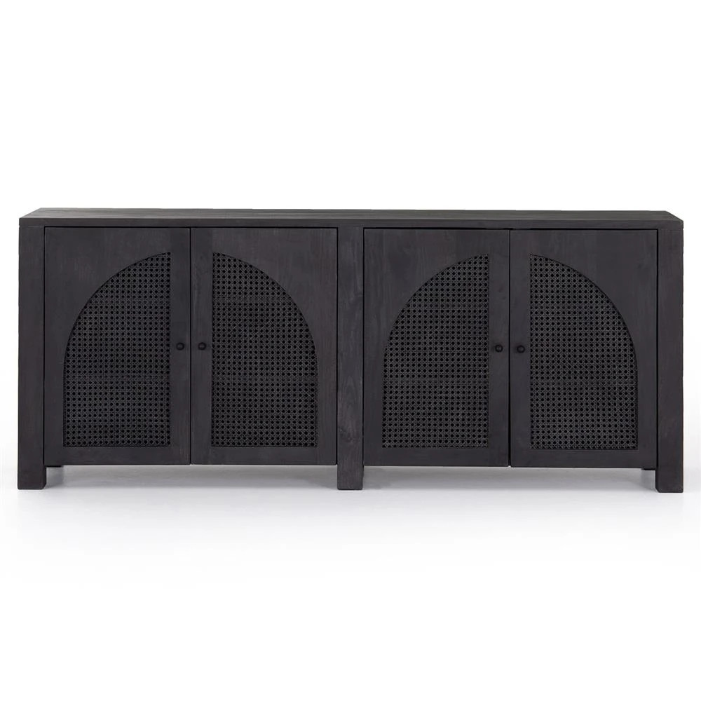 Kashton Mid-Century Black Wash Mango Wood Arched Cane 4 Door Sideboard | Kathy Kuo Home