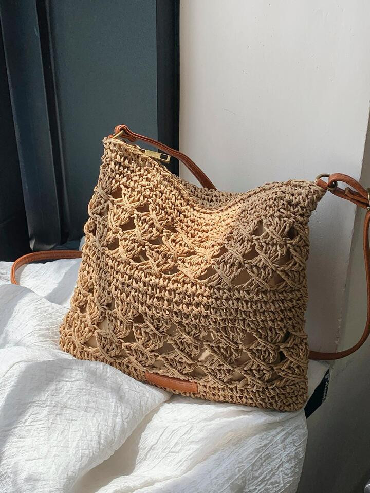 Patch Decor Straw Bag Small Zipper Vacation | SHEIN