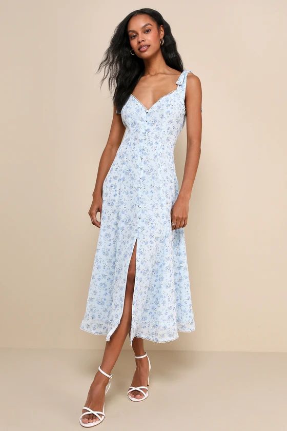 Charismatic Persona Light Blue Floral Tie-Strap Midi Dress | Lulus