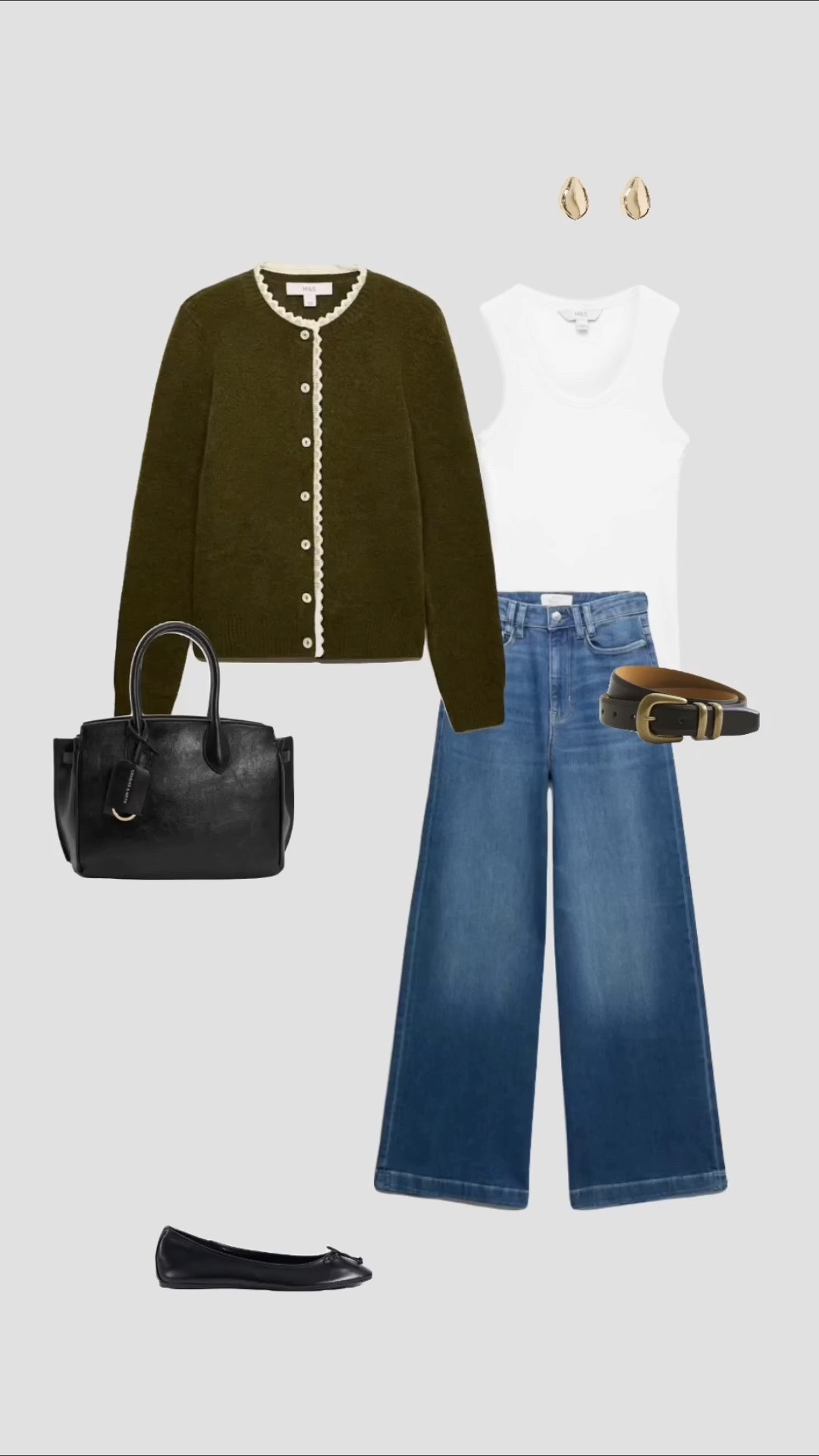 Dark Olive Lace Cardigan, Mid Indigo Blue High Waisted Wide Leg Jeans & Black Classic Ballet Flats Transitional Autumn Outfit 🍂

• white vest race back top black tote bag work workwear work office outfits smart business casual outfits college outfits uni university outfits uk womens outfits city break outfit •

#LTKuk #LTKjeans #LTKautumn