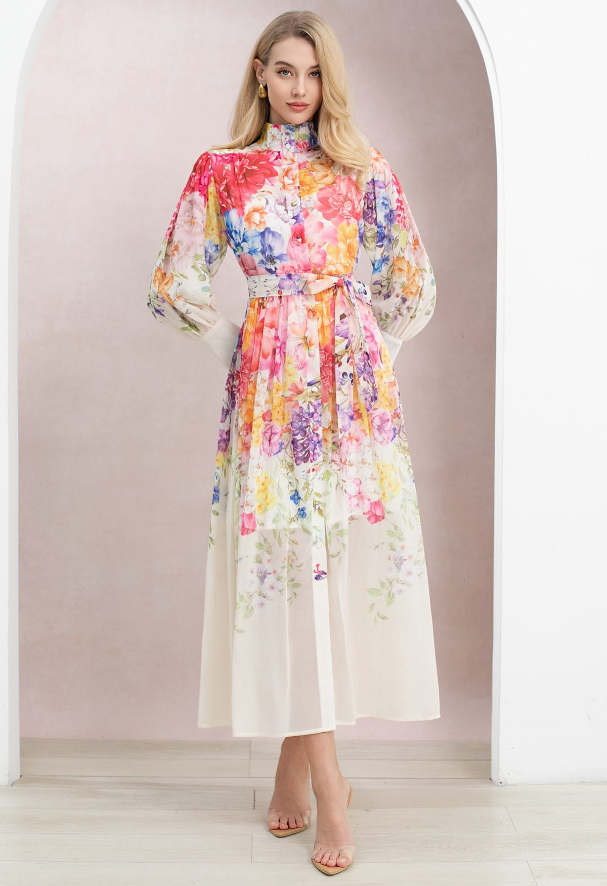 Full Bloom Mock Neck Bubble Sleeve Maxi Dress for Tea Parties & Holiday Celebrations | Chicwish